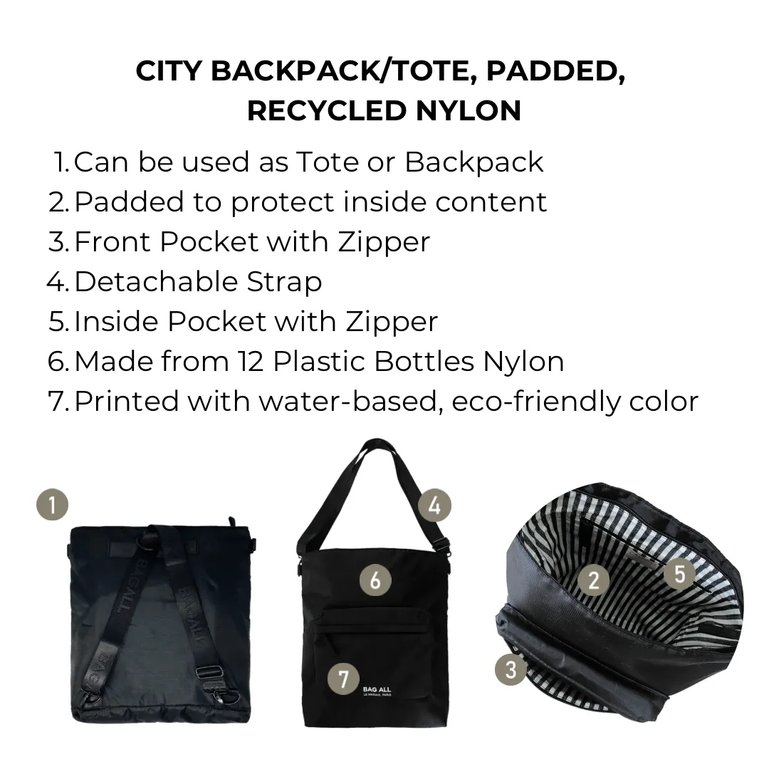 City Backpack/Tote, Padded, Recycled Nylon, Black, Paris