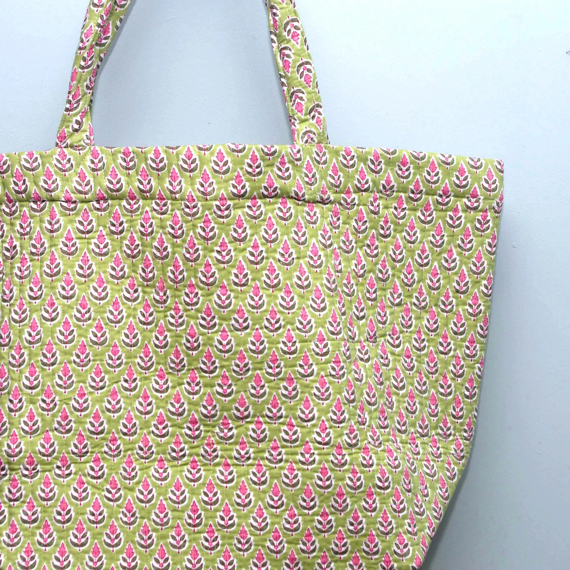 Cotton Quilted Large Shopping / Beach Bag -  Light Green Small Pink Motif
