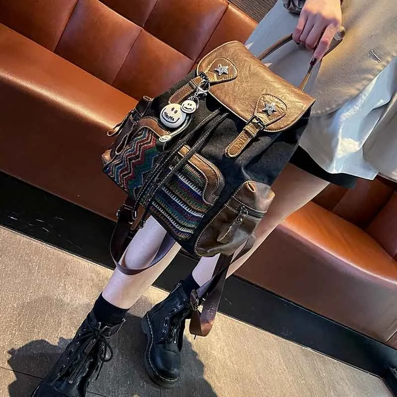 Denim backpack embroidered contrast drawstring