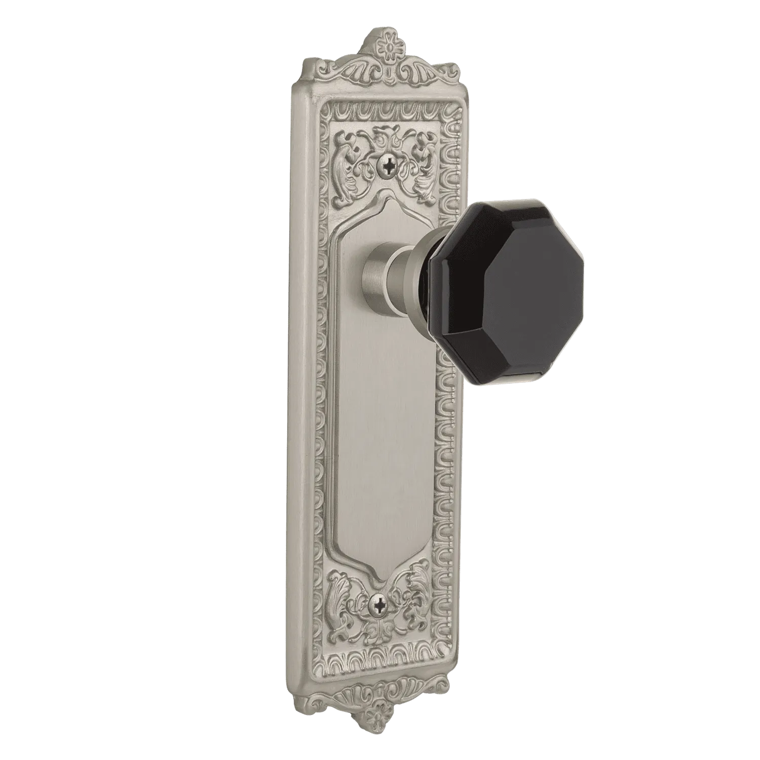 Egg & Dart Long Plate with Black Waldorf Knob in Satin Nickel