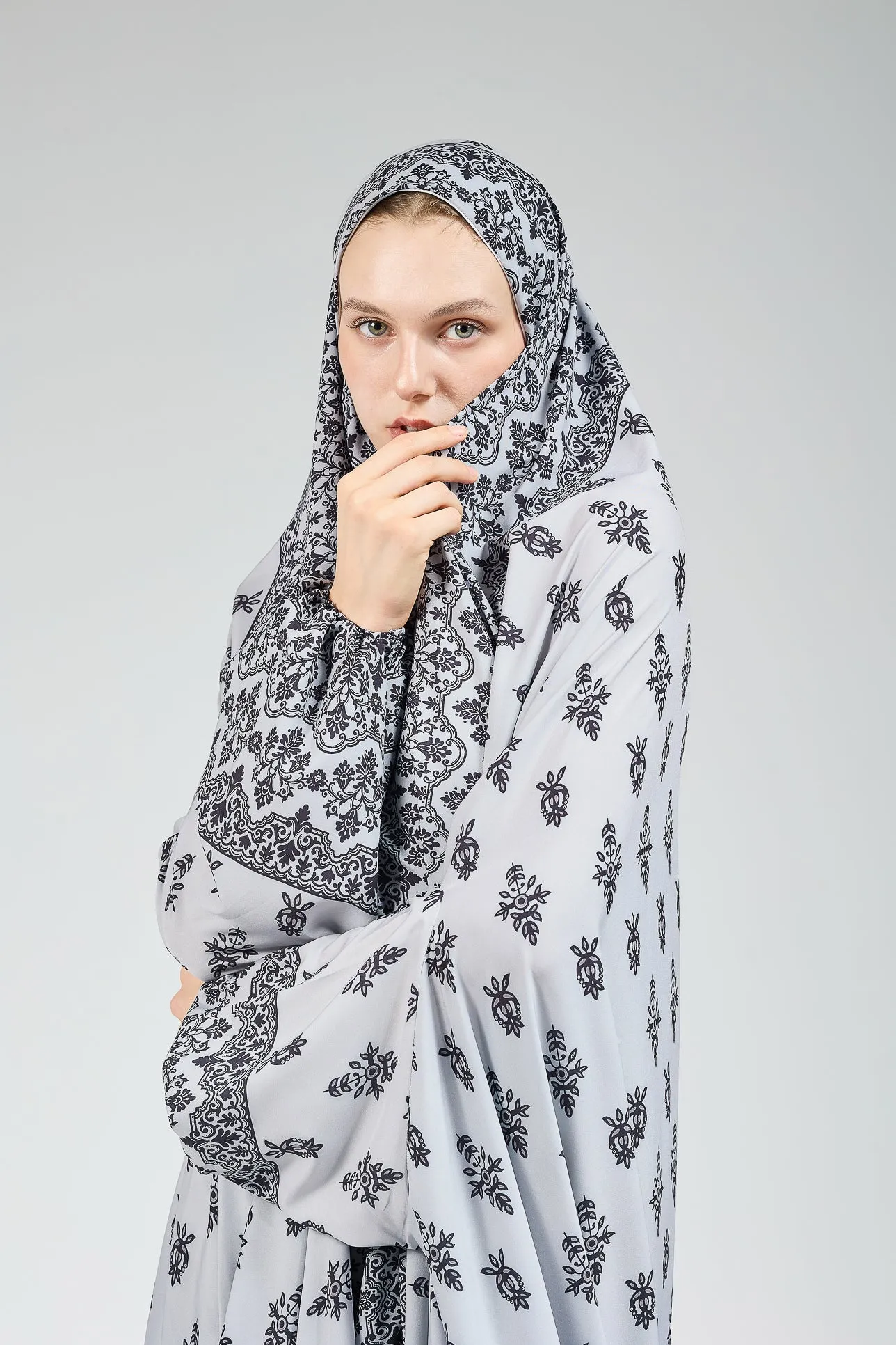 Elham Satin Gown Dress in Black and White Floral with Elasticated Cuffs