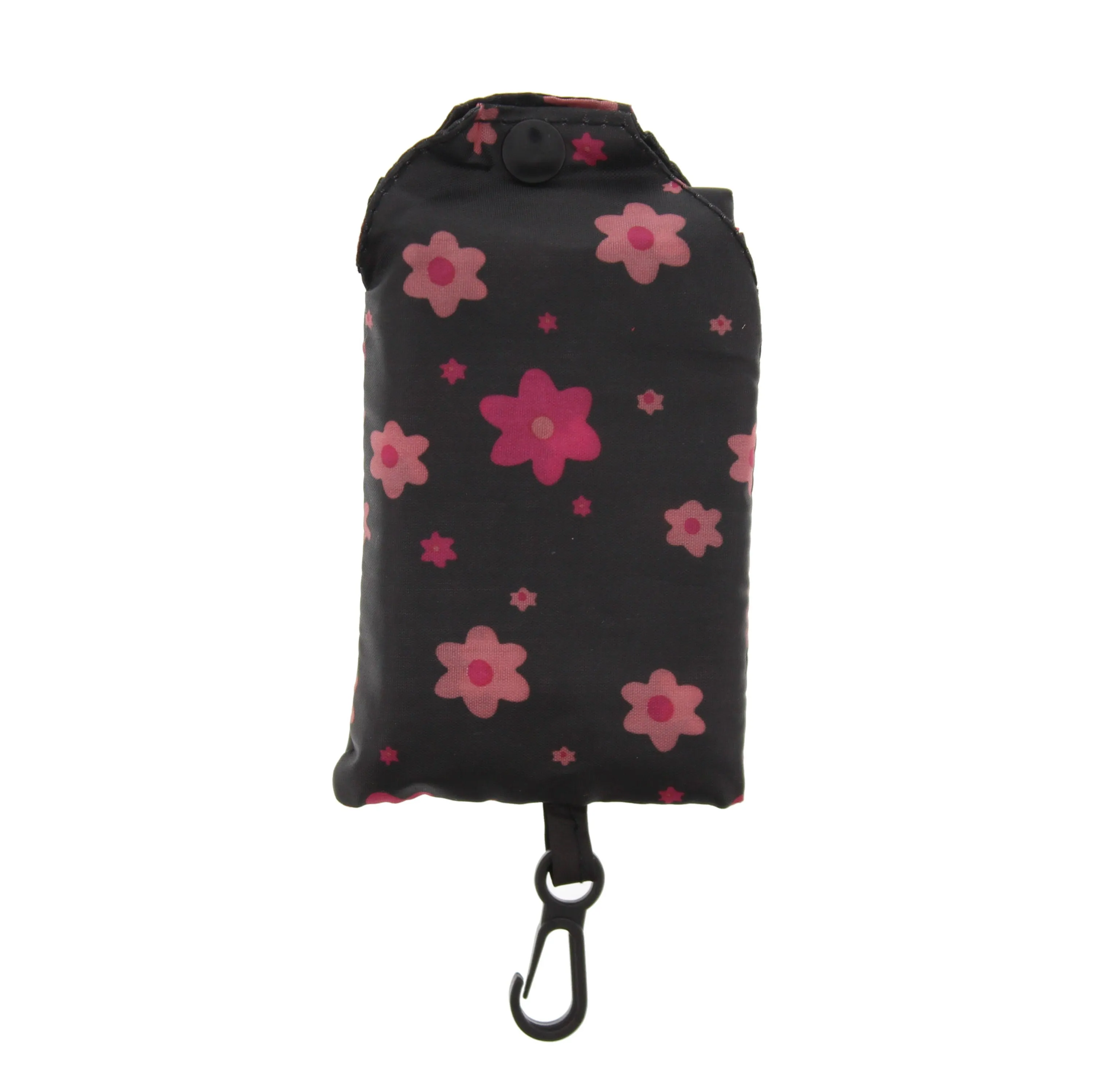 Floral Print Black Shopping Bag in Pocket Pouch
