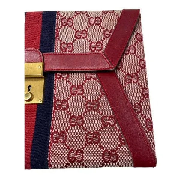 Gucci Gg Supreme Portfolio Print Portfolioclutch With Center Stripe Red Guccissimabluewhite Leather