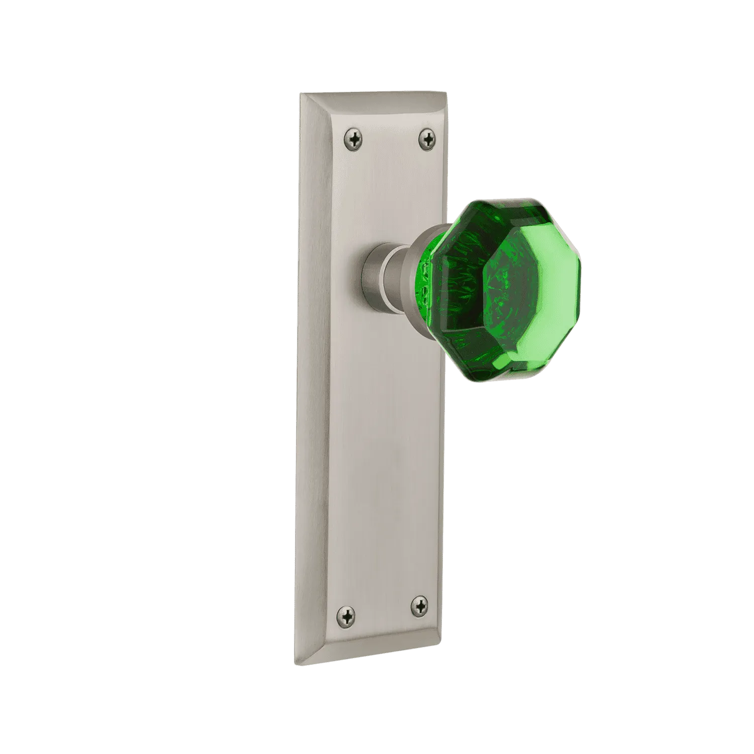 New York Long Plate with Emerald Waldorf Knob in Satin Nickel