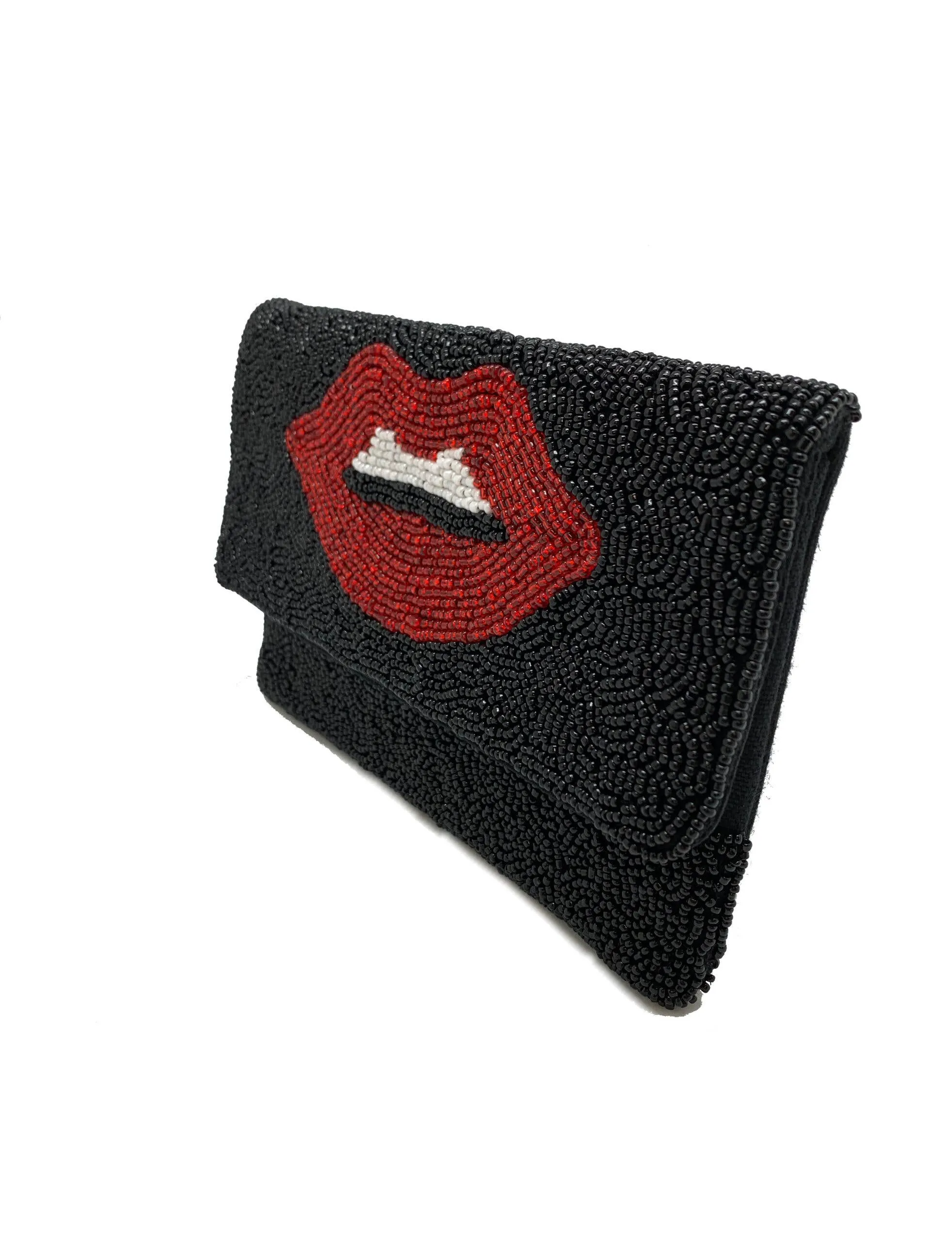 Red Lips Beaded Clutch Bag