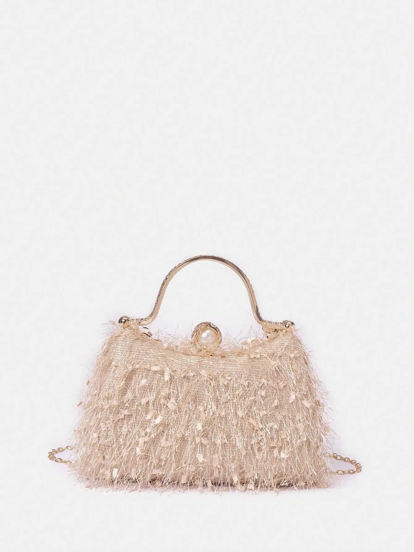 SHEIN Belle Plush Feather & Rhinestone Decor Top Handle Box Bag