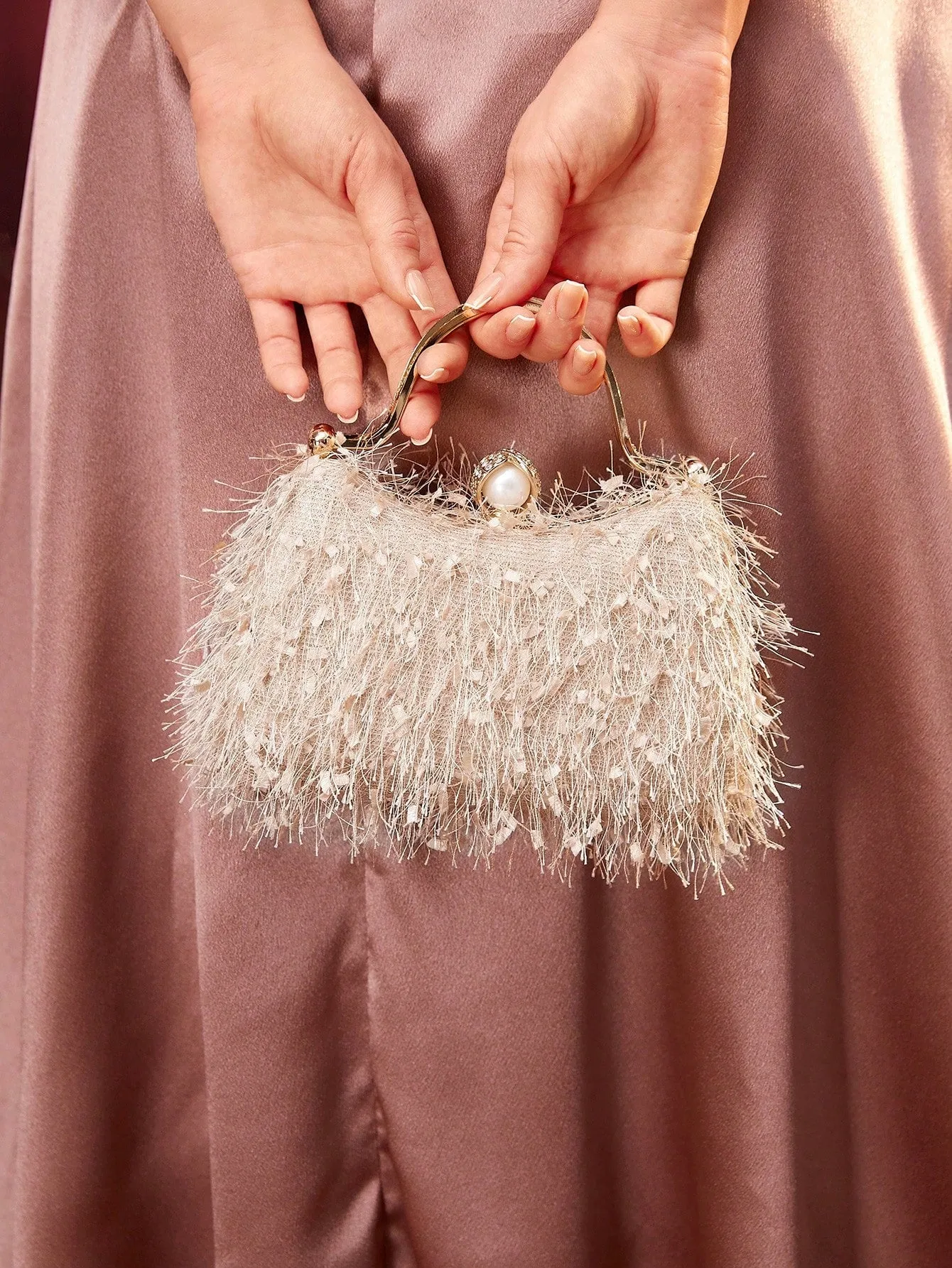 SHEIN Belle Plush Feather & Rhinestone Decor Top Handle Box Bag