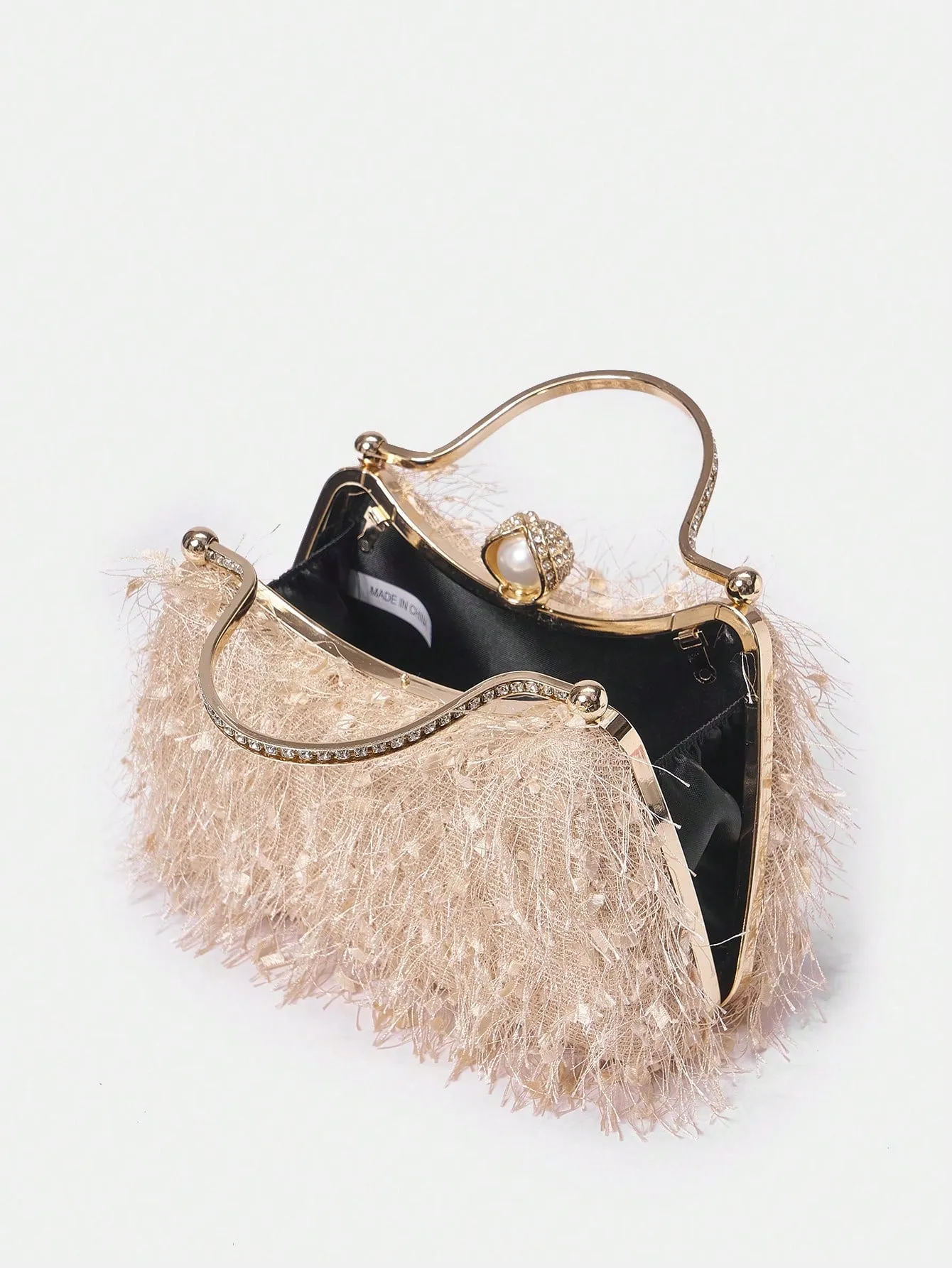 SHEIN Belle Plush Feather & Rhinestone Decor Top Handle Box Bag