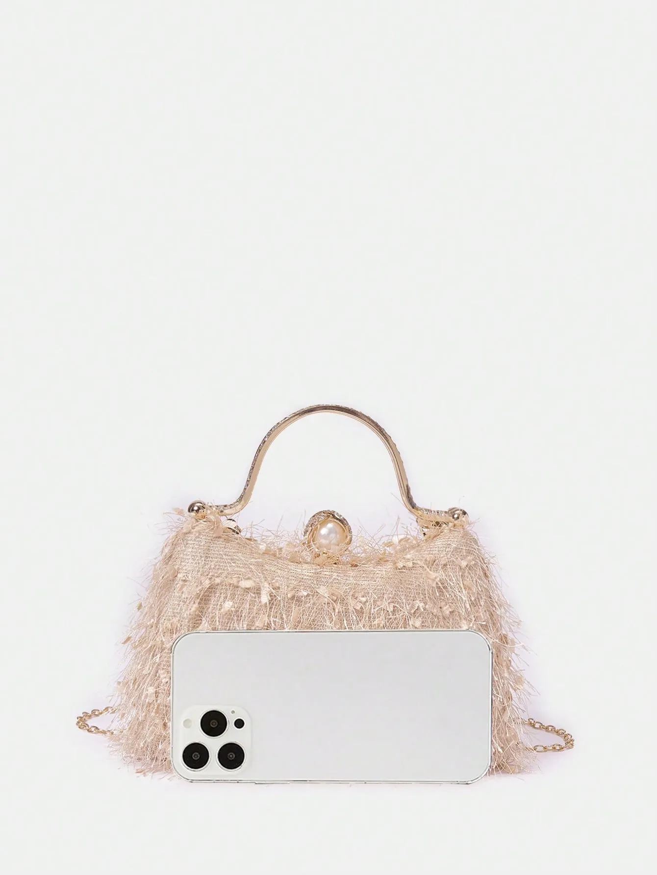 SHEIN Belle Plush Feather & Rhinestone Decor Top Handle Box Bag