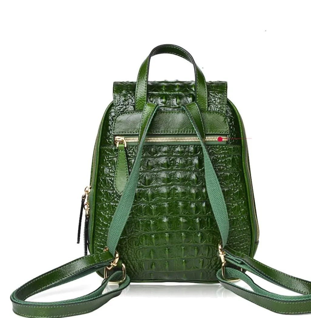 Small Green Crocodile Leather Casual Women's Backpack