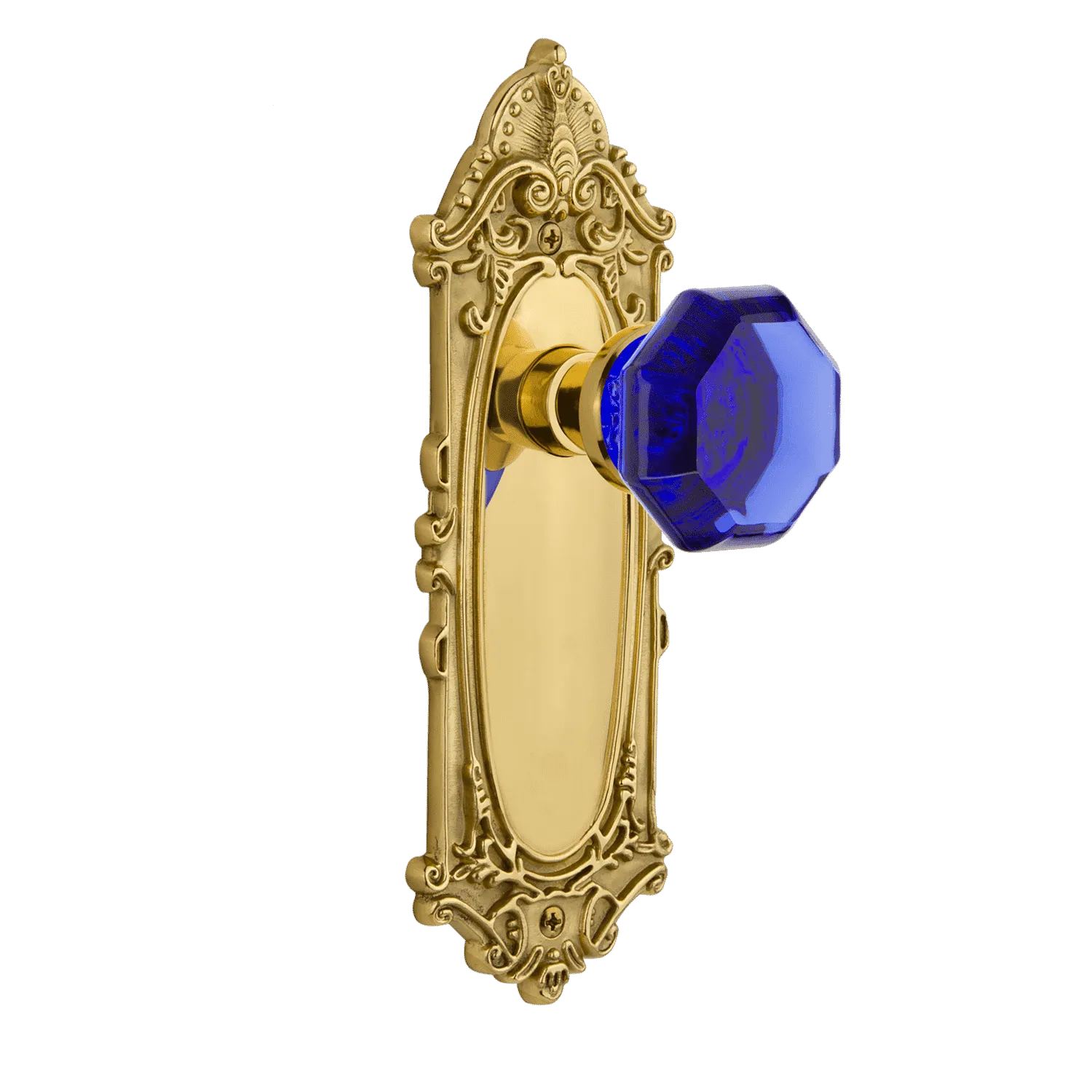 Victorian Long Plate with Cobalt Waldorf Knob in Unlacquered Brass