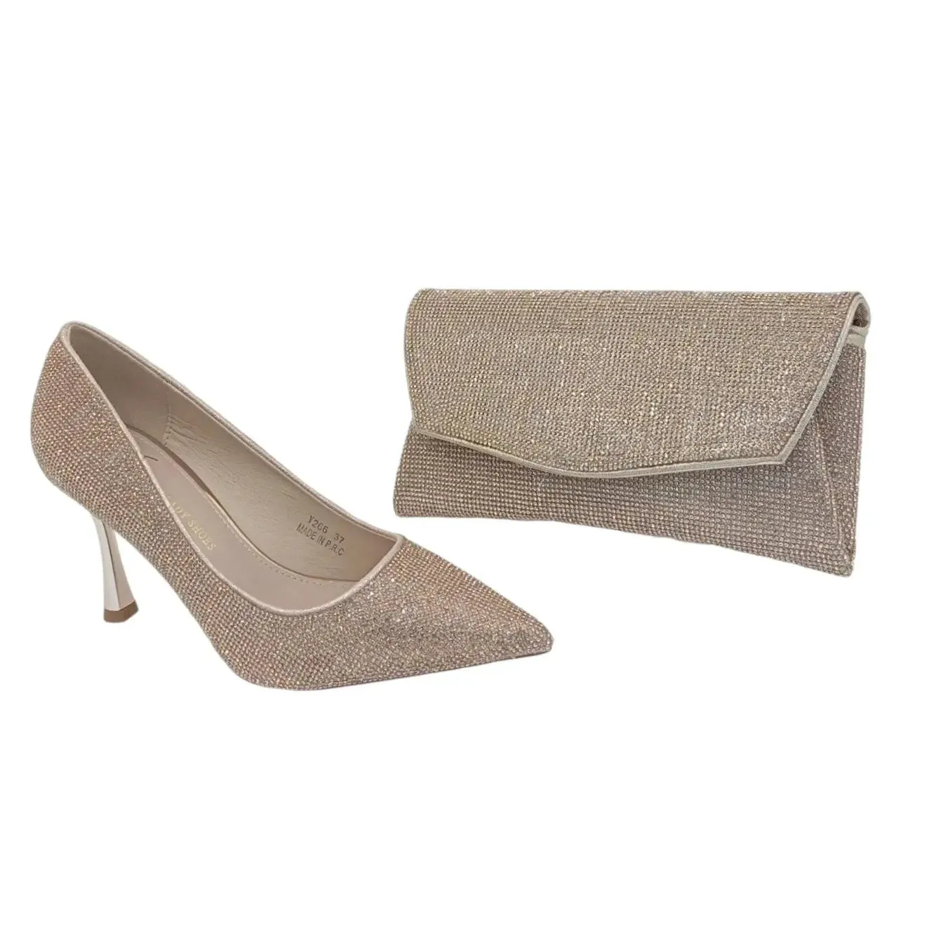 Yunai Rhinestone Pointed Toe Heels & Matching Clutch Set